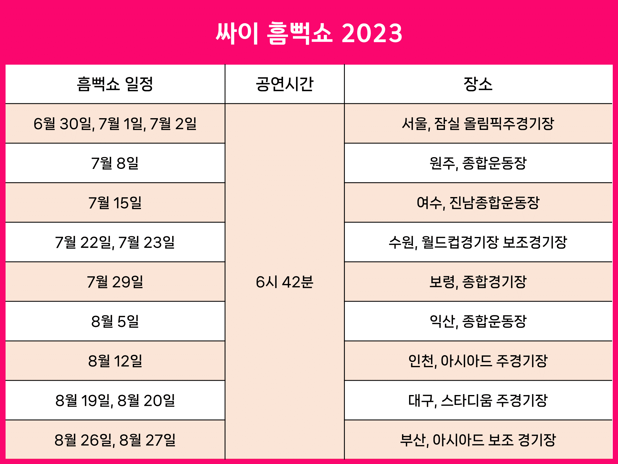 싸이 흠뻑쇼 2023 콘서트 일정
